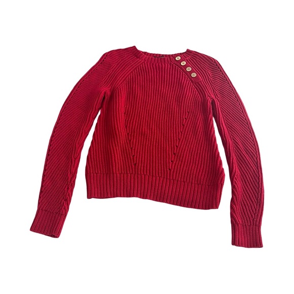 Lauren Ralph Lauren Women's red Chunky Knit Sweater Sz Petite Small Gold Buttons - Picture 1 of 7